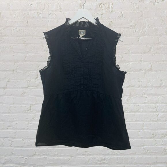 Converse One Star Top Size L Black Button Front Ruffle Sleeveless Cotton Blouse - Picture 2 of 16